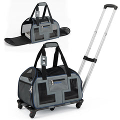 Foldable Rolling Pet Carrier with Wheels and Padded Carry Handle-Blue