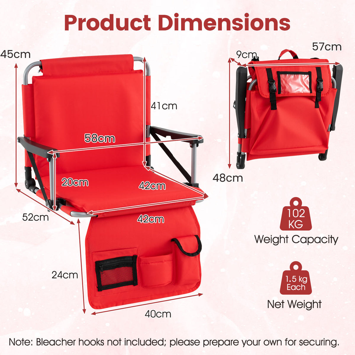 Foldable Stadium Seat Bleacher Chairs with Back Support and Padded Cushions-Red
