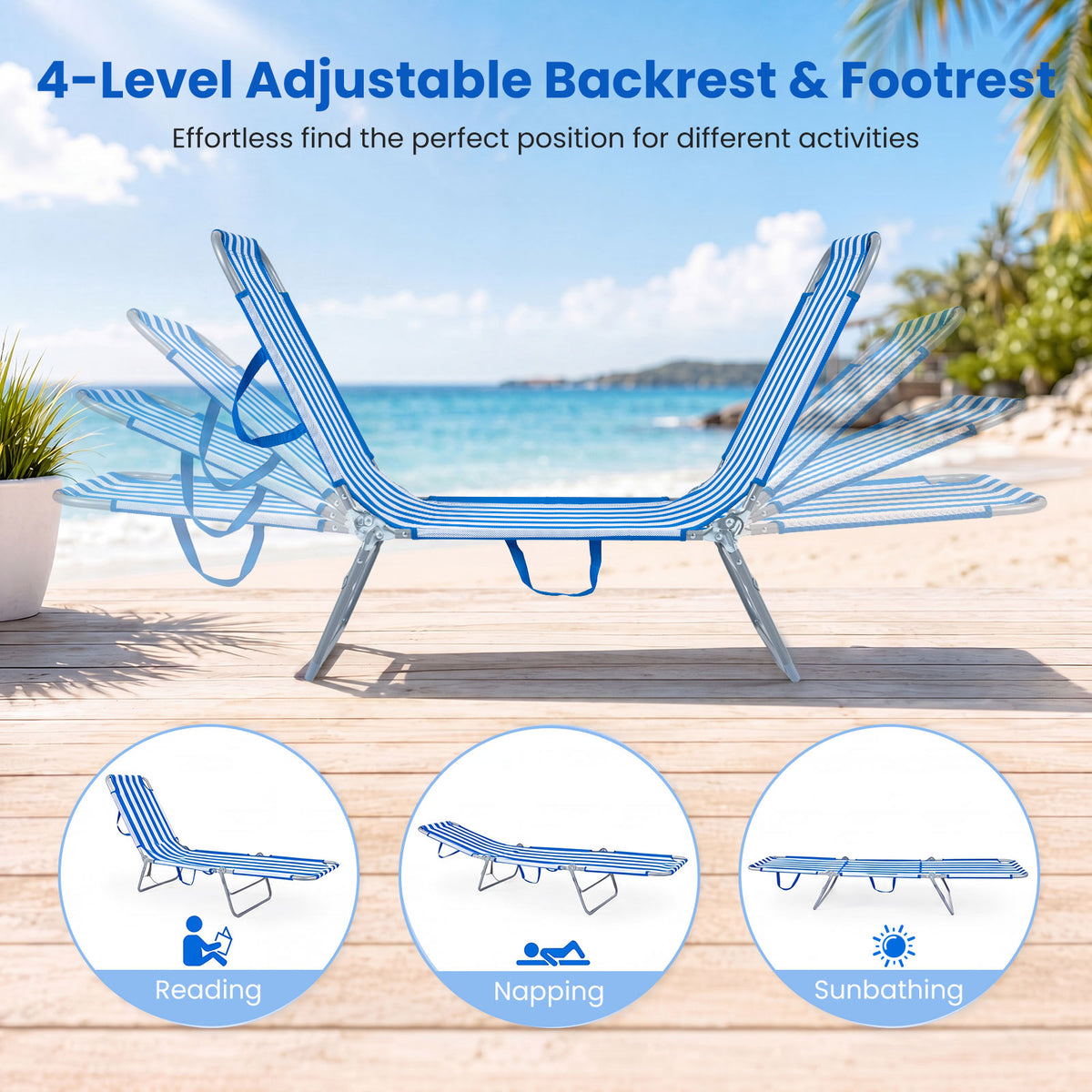 Foldable Sun Lounger Recliner with 4-Position Adjustable Backrest and Footrest-Blue