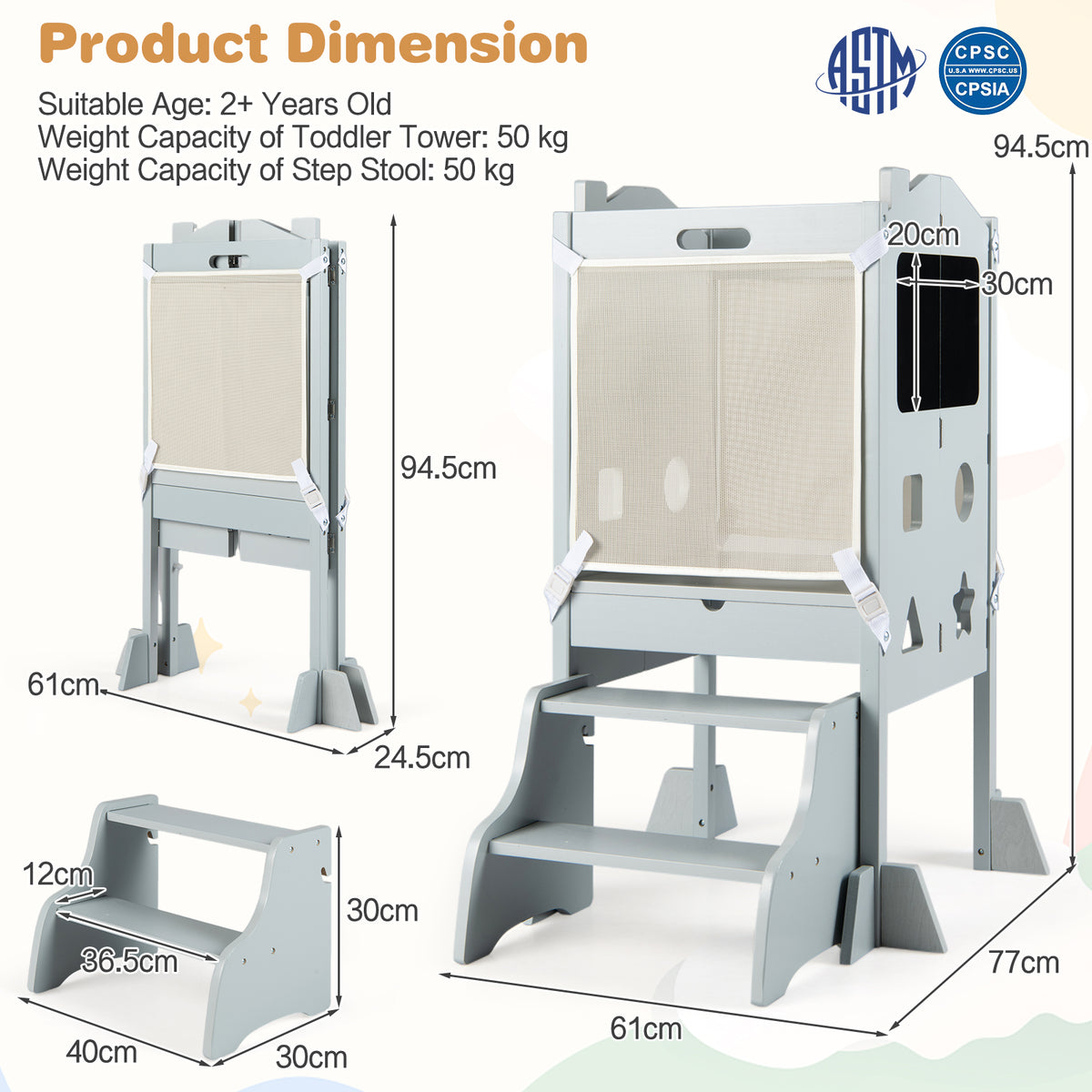Foldable Toddler Step Stool with Chalkboards and 2-Step Stool for Boys and Girls Aged 2+-Grey