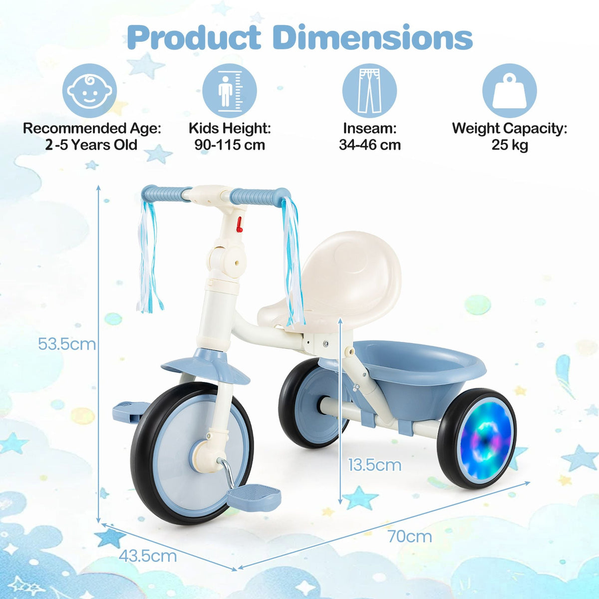 Foldable Toddler Tricycle for 2-5 Year Old with Lighting Wheels-Blue