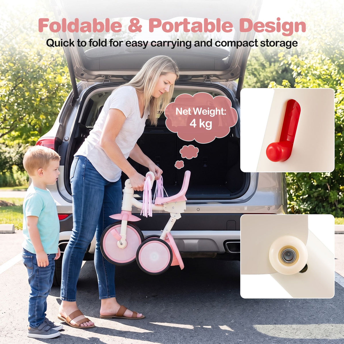 Foldable Toddler Tricycle for 2-5 Year Old with Lighting Wheels-Pink