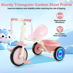 Foldable Toddler Tricycle for 2-5 Year Old with Lighting Wheels-Pink