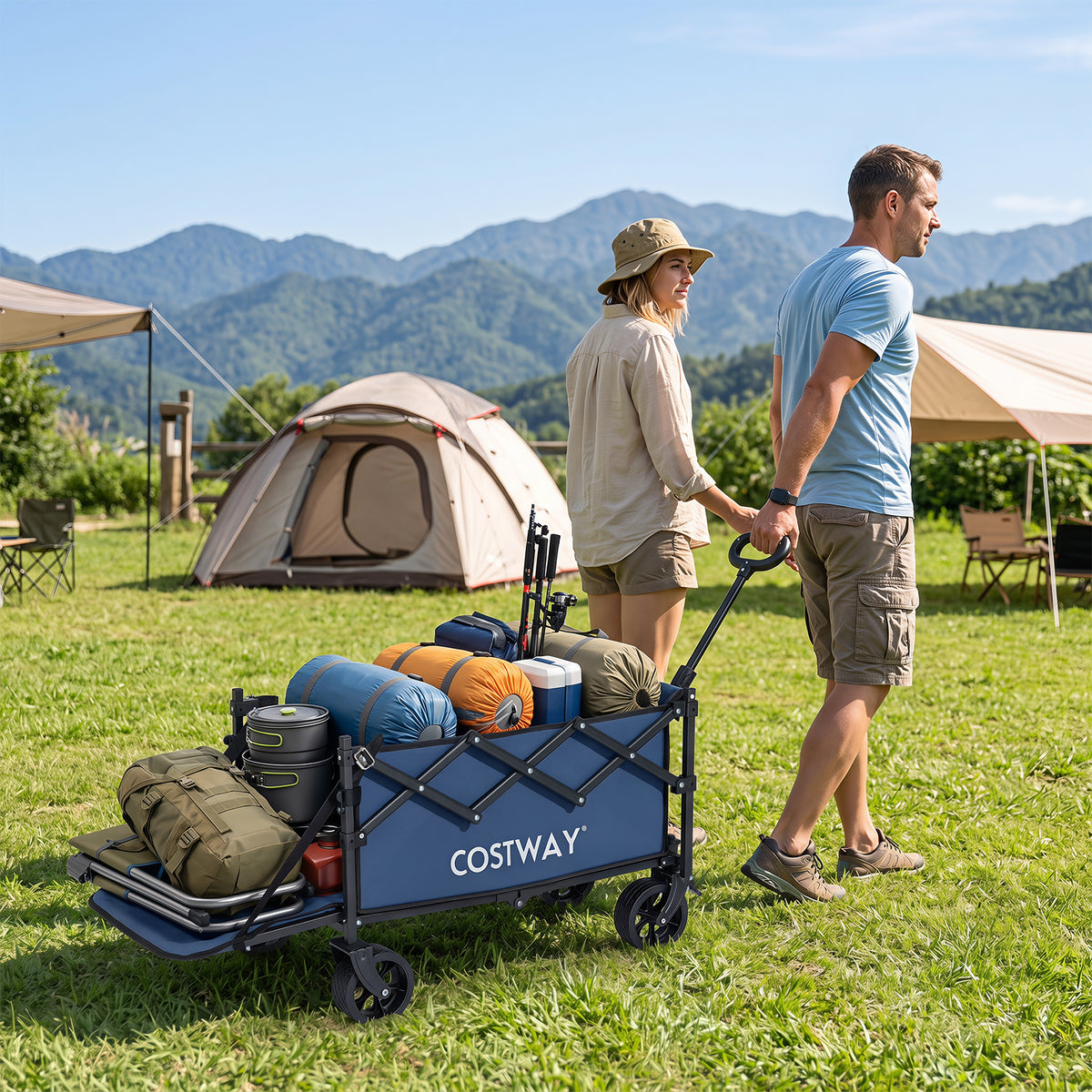 Foldable Transport Trolley 63-92L with Large All-Terrain Wheels for Beach Camping Picnic-Blue