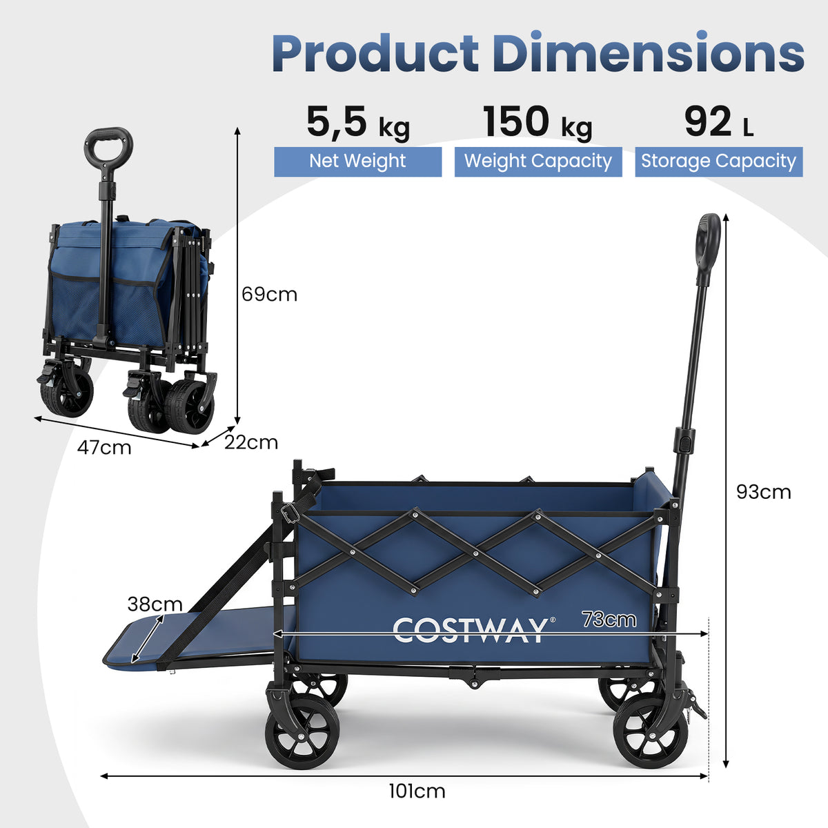 Foldable Transport Trolley 63-92L with Large All-Terrain Wheels for Beach Camping Picnic-Blue