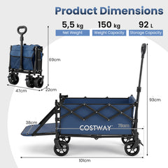 Foldable Transport Trolley 63-92L with Large All-Terrain Wheels for Beach Camping Picnic-Blue