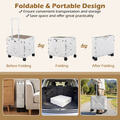 Foldable Utility Cart on 4 Rotate Wheels with Cup Holder-White