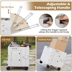 Foldable Utility Cart on 4 Rotate Wheels with Cup Holder-White