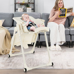 The high chair positioned in a living room with a child sitting inside