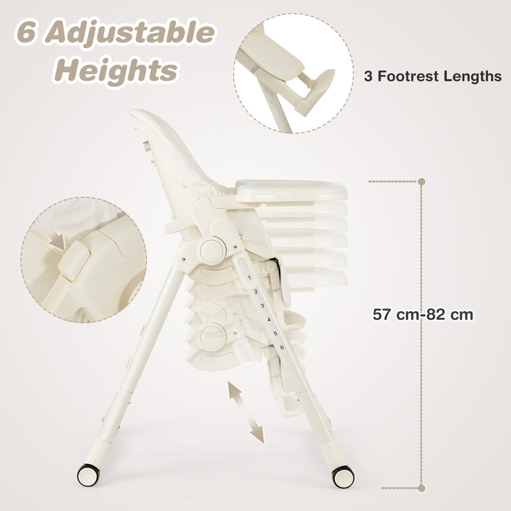 The baby high chair showing adjustable height and footrest settings