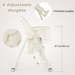 The baby high chair showing adjustable height and footrest settings