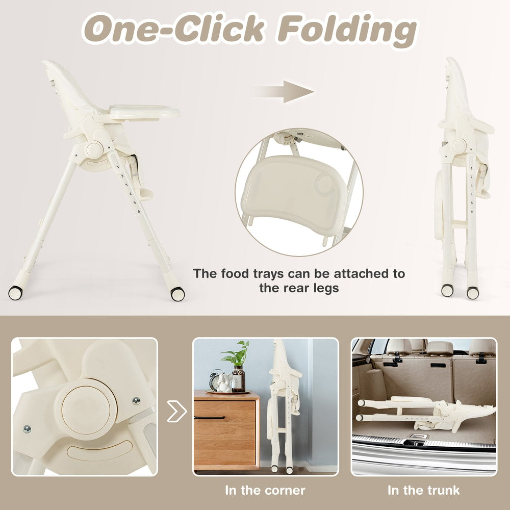 The baby high chair showing the folding mechanism and storage options