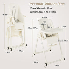 The baby high chair showing various dimensions and size measurements
