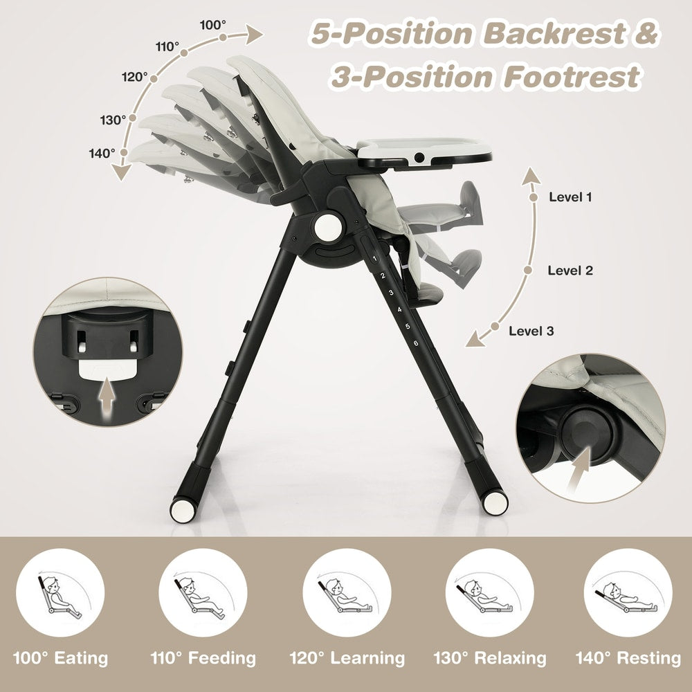 The high chair showing various backrest angles and footrest positions for different activities