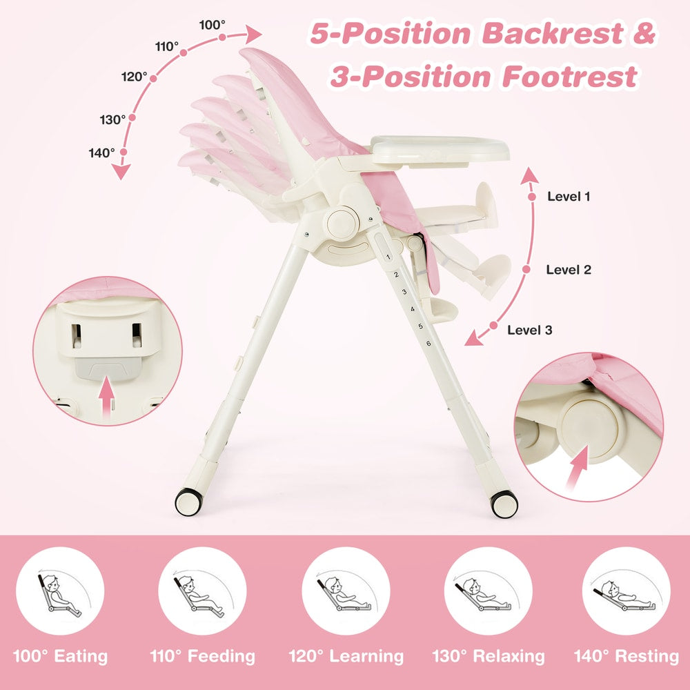 Pink high chair showing the 5-position backrest and adjustable footrest angles
