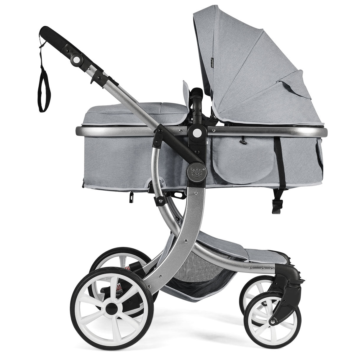 The grey baby stroller with the bassinet attached, showing the wheels and frame