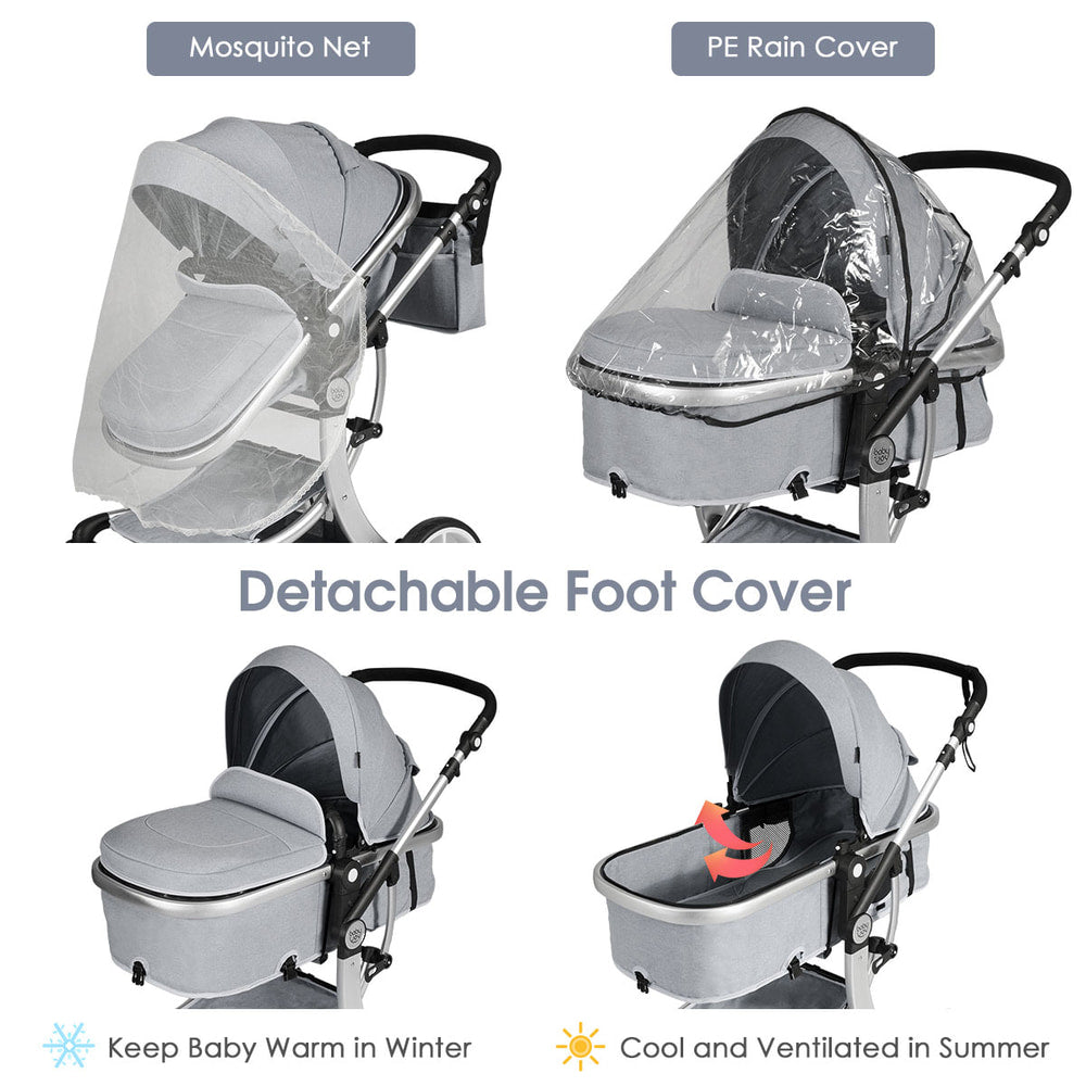 Accessories for the grey baby stroller including a mosquito net and rain cover