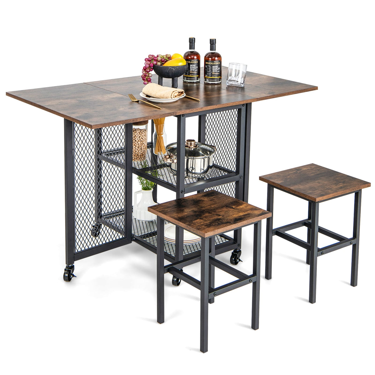 3-Piece Foldable Dining Table Set in Brown
