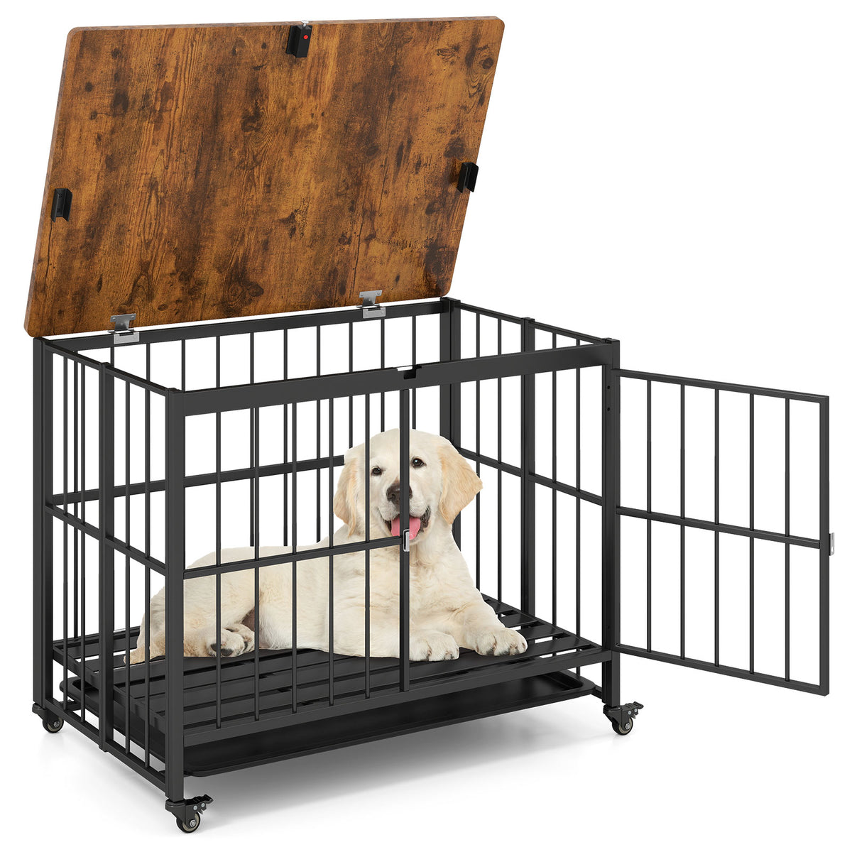 Foldable Dog Crate Furniture with Removable Tray Heavy-duty Chew-resistant Dog Kennel-L