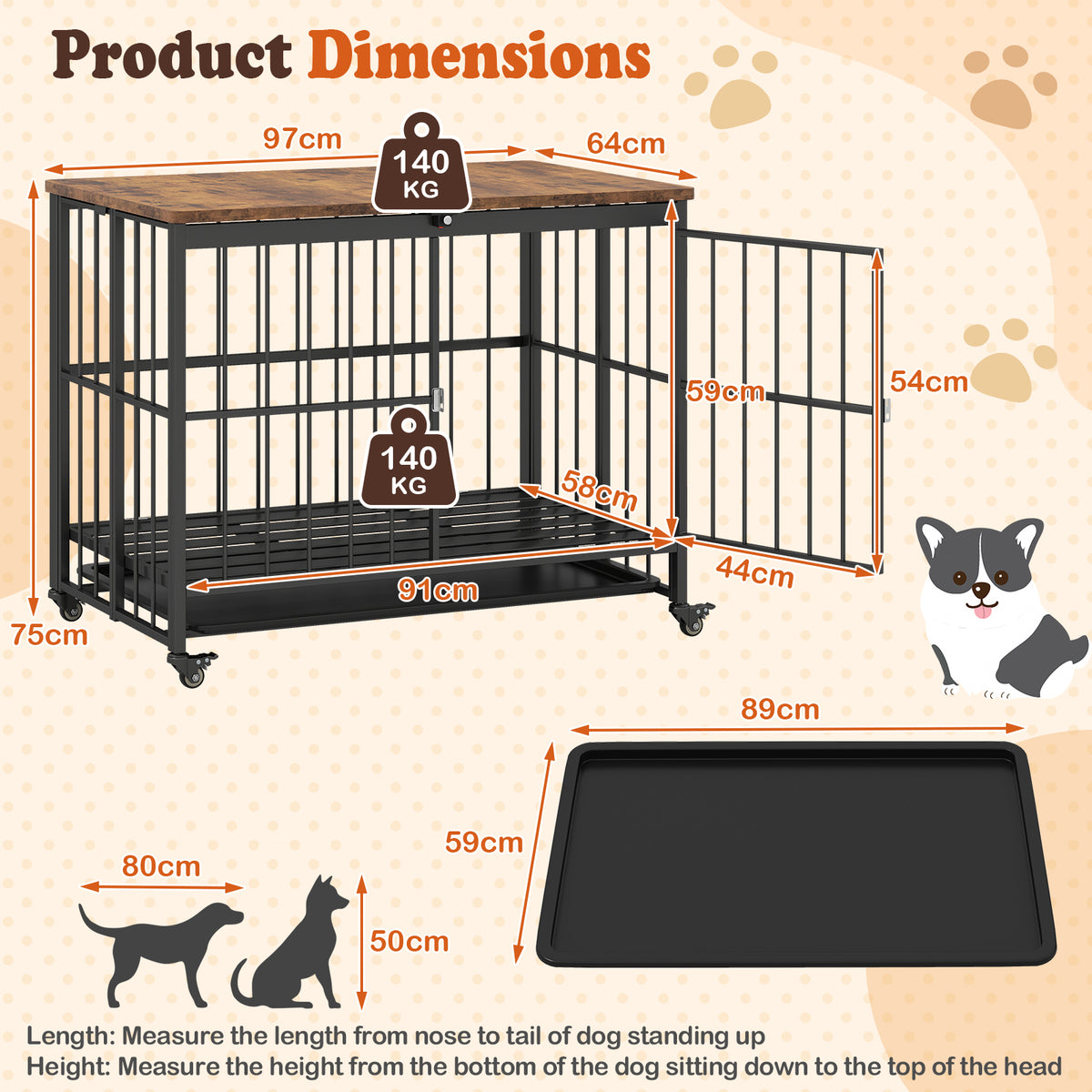 Foldable Dog Crate Furniture with Removable Tray Heavy-duty Chew-resistant Dog Kennel-L