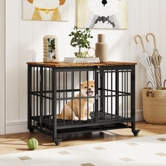 Foldable Dog Crate Furniture with Removable Tray Heavy-duty Chew-resistant Dog Kennel-M