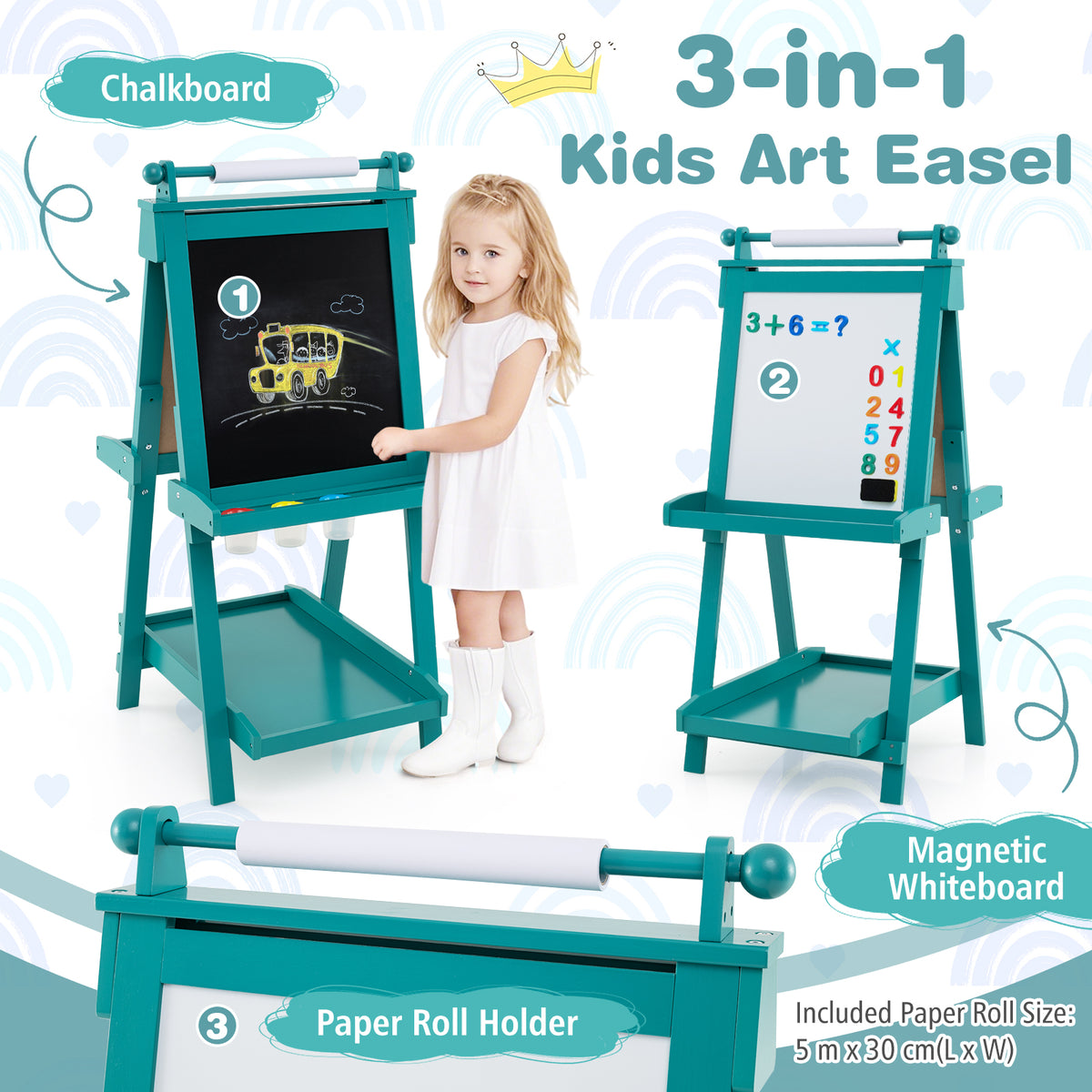 3-in-1 Double-sided Art Easel Foldable Easel for Kids-Green