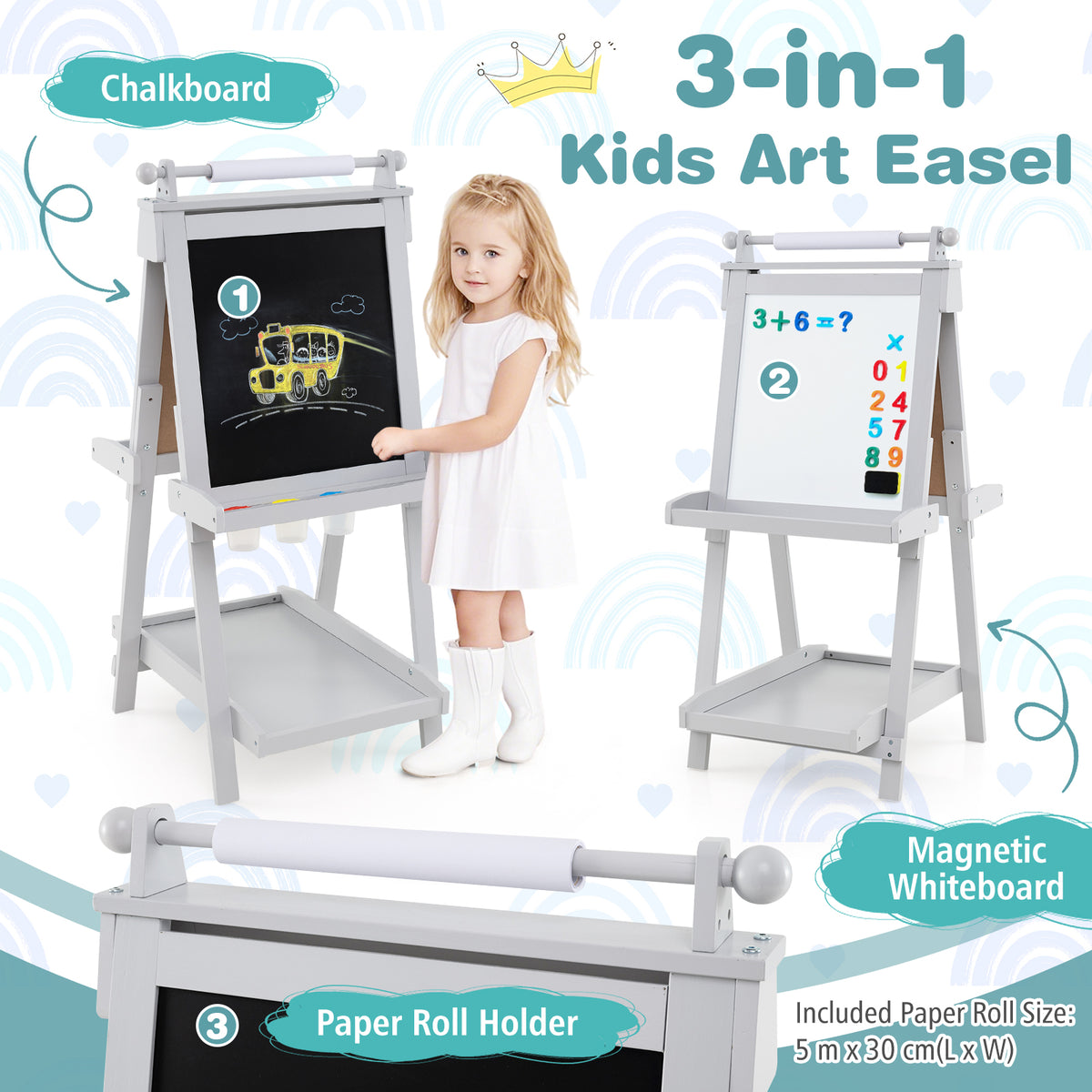 3-in-1 Double-sided Art Easel Foldable Easel for Kids-Grey