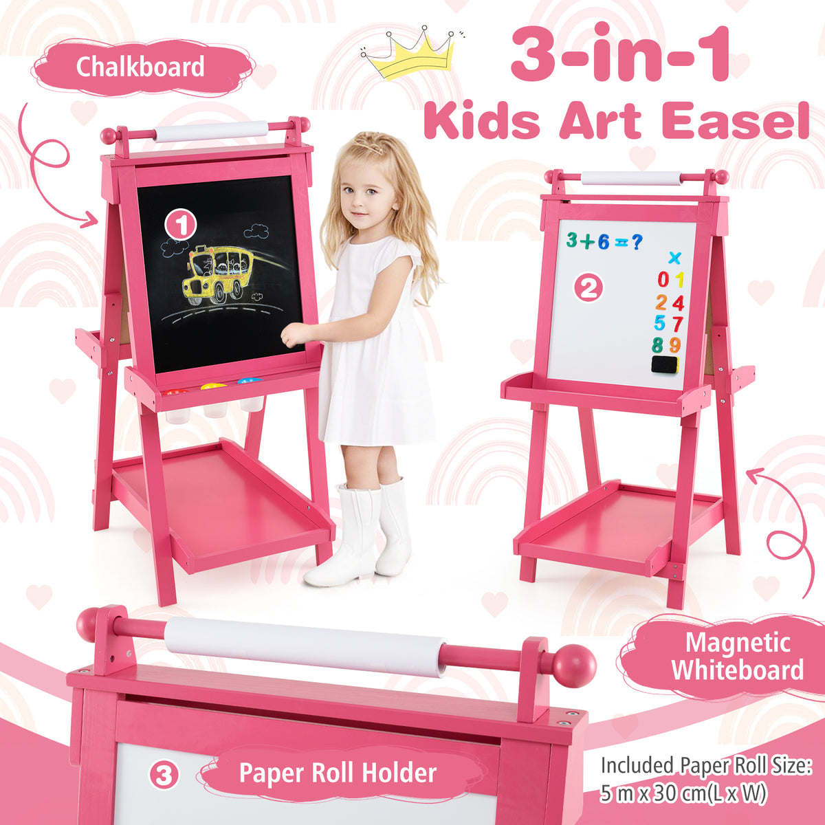 3-in-1 Double-sided Art Easel Foldable Easel for Kids-Pink