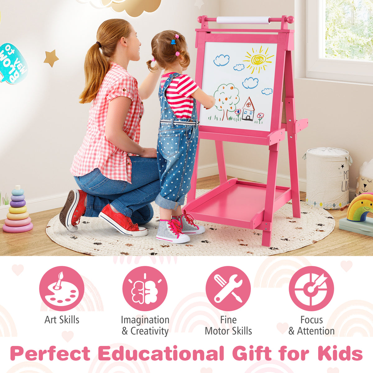 3-in-1 Double-sided Art Easel Foldable Easel for Kids-Pink