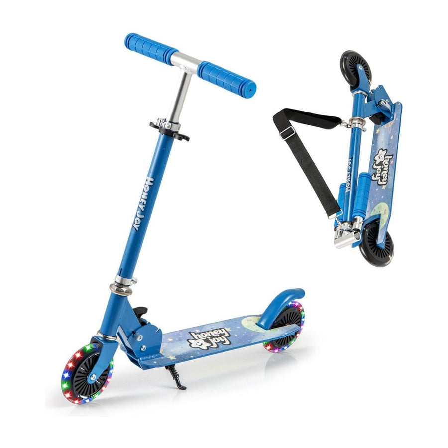 Foldable Kids Scooter Adjustable with Lighted Wheels and Kickstand in blue, shown folded with a strap