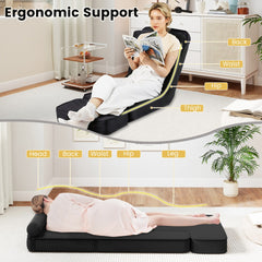 Foldable Lazy Sofa 5-Level Adjustable with Footrest and Tabletop, ergonomic support diagram for the floor chair showing body
