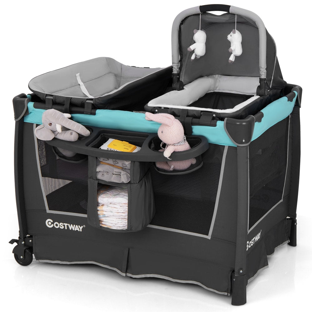 5-in-1 Foldable Pack and Play with Removable Bassinet in Green