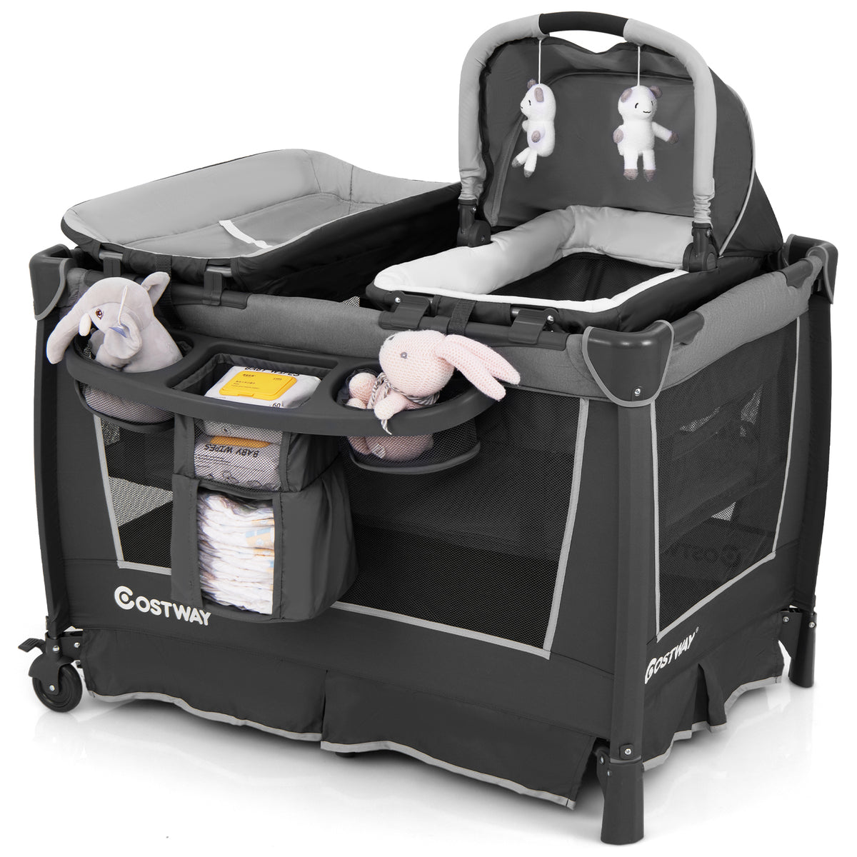 Close-up of the grey foldable pack and play with removable bassinet and changing table, showing storage pockets