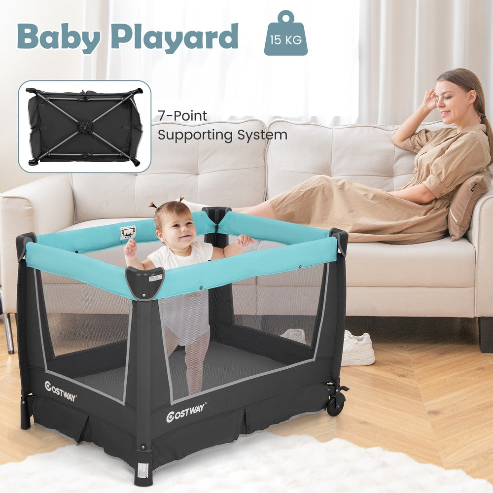 5-in-1 Foldable Pack and Play with Removable Bassinet in Green