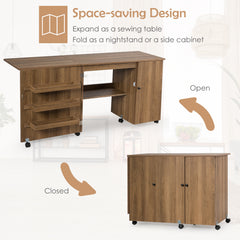 Large Foldable Sewing Table with Lockable Casters-Natural