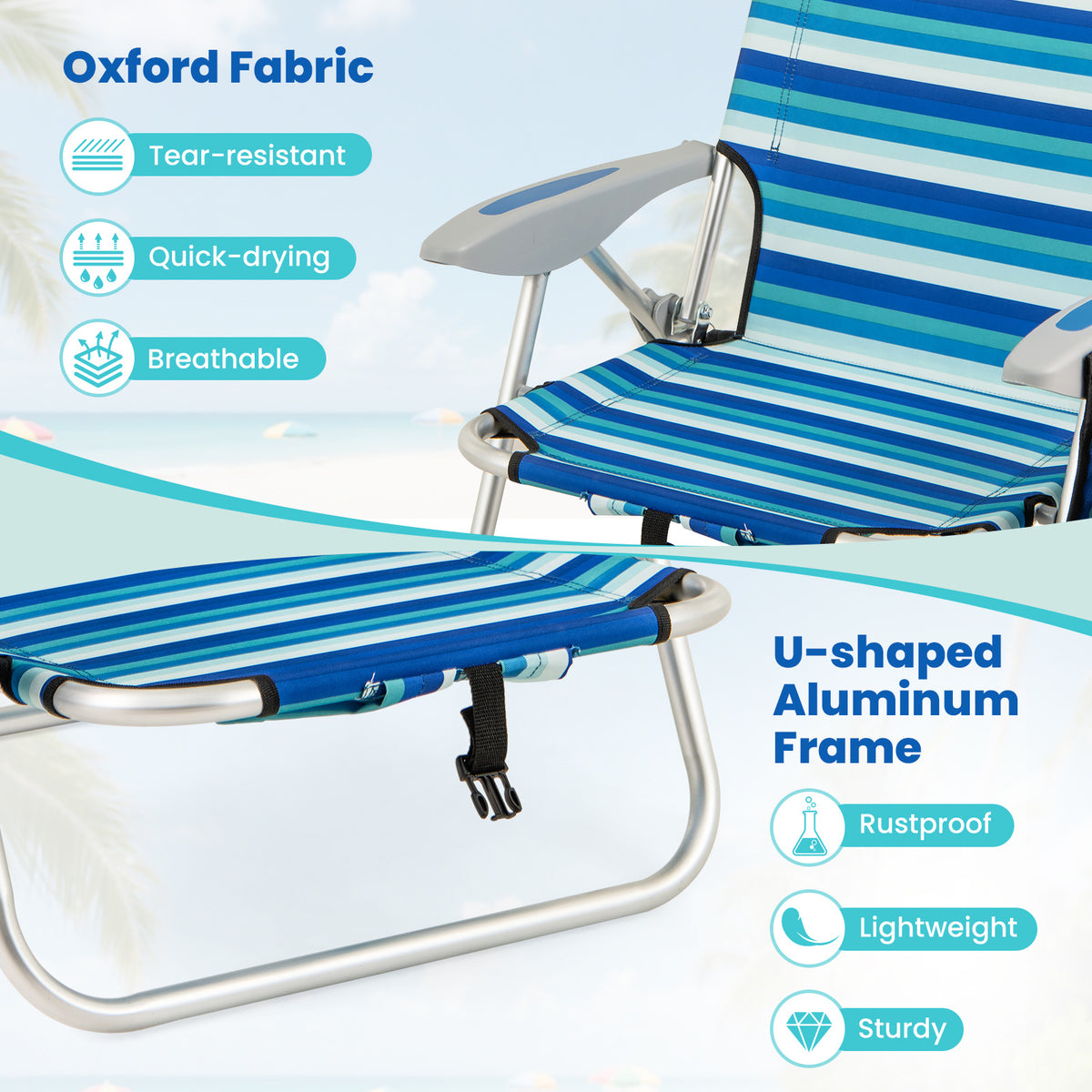 Folding Beach Chair for Adults Lightweight Aluminum Frame with 4-Position Backrest-1 Pack