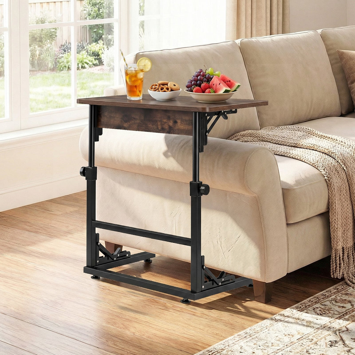 Folding C-Shaped End Table with Metal Frame for Living Room-Rustic Brown