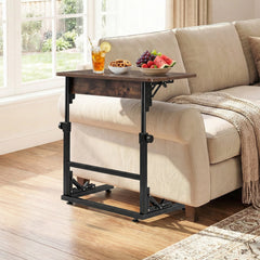 Folding C-Shaped End Table with Metal Frame for Living Room-Rustic Brown