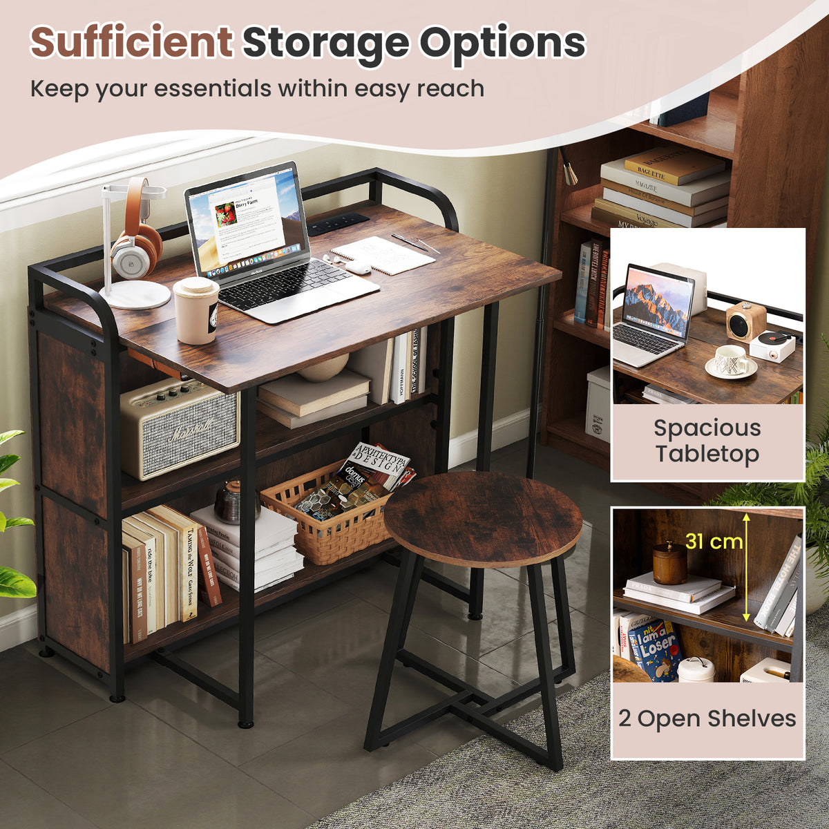 Folding Computer Desk with Stool and Storage Shelves with AC Outlets-Rustic Brown