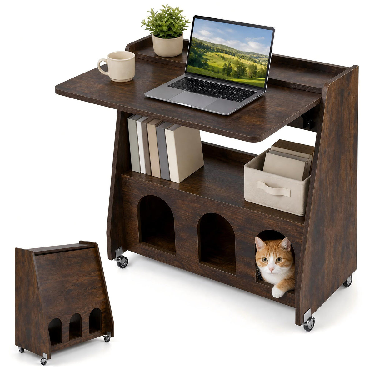 Folding Desk on Wheels with Storage Shelves and Compartments for Small Spaces-Rustic Brown