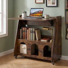 Folding Desk on Wheels with Storage Shelves and Compartments for Small Spaces-Rustic Brown