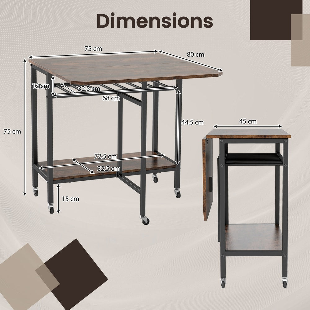 The dining table showing technical measurements for both folded and extended configurations