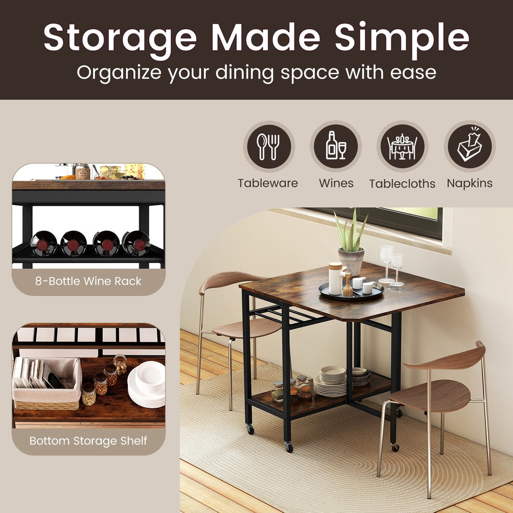 The dining table showing storage options for wine bottles and tableware in a dining area