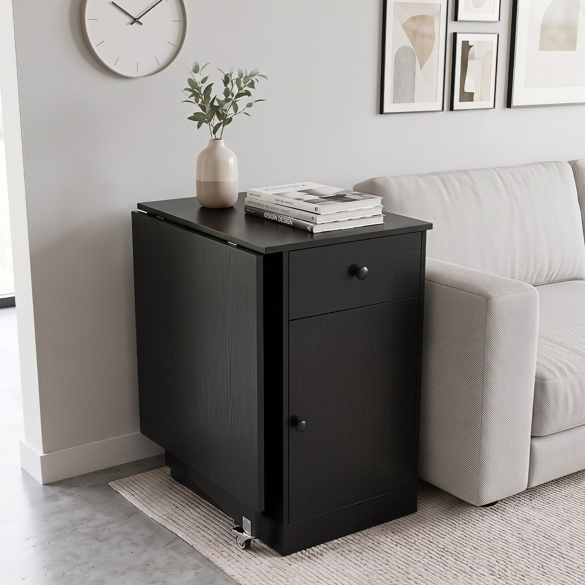 Folding Dining Table with Drawer & Storage Cabinet for Dining Room Living Room-Black