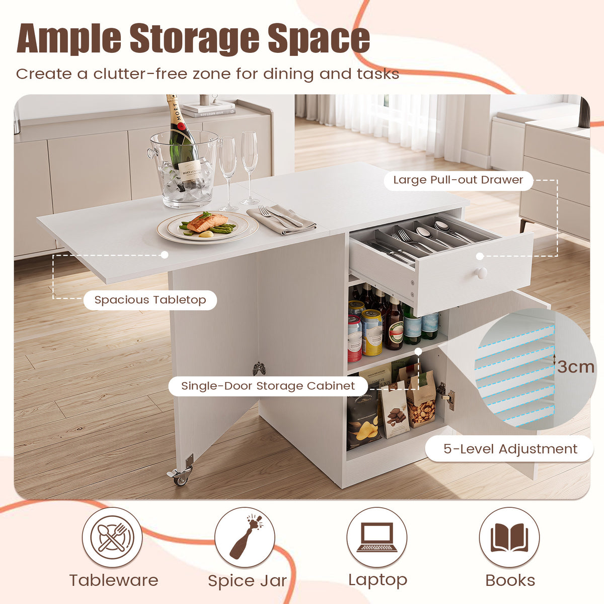 Folding Dining Table with Drawer & Storage Cabinet for Dining Room Living Room-White