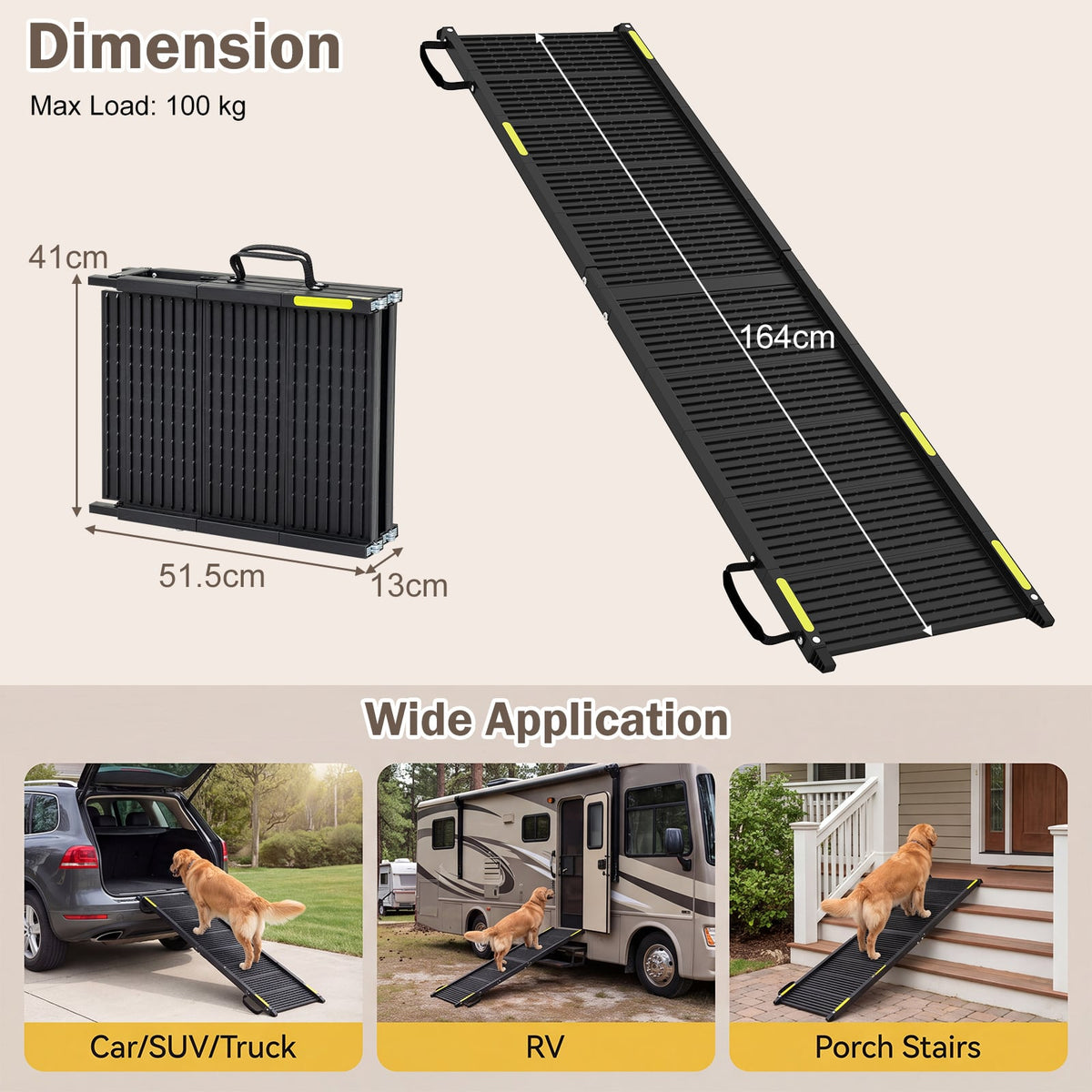 Folding Dog Ramp for Car 64.5"L x 16"W Portable Pet Ramp with Plastic Non-Slip Surface-Black