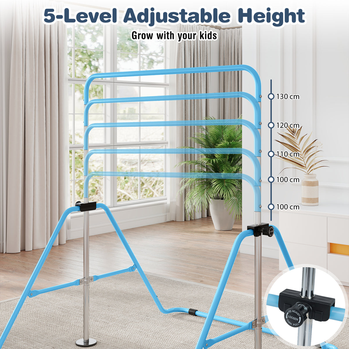 Folding Gymnastics Bar for Kids Height Adjustable Horizontal Kip Training Bar-Blue