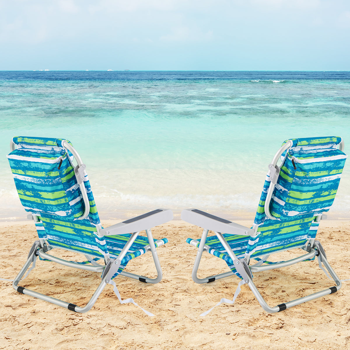 Folding Lay Flat Beach Chair with 5-Position Backrest-Blue & Green