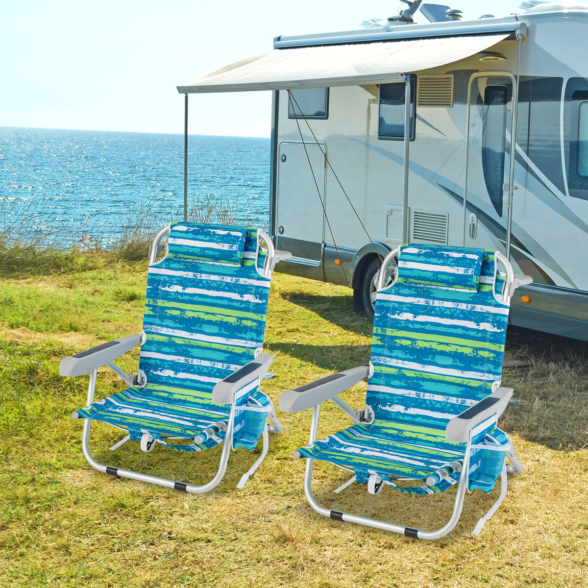 Folding Lay Flat Beach Chair with 5-Position Backrest-Blue & Green