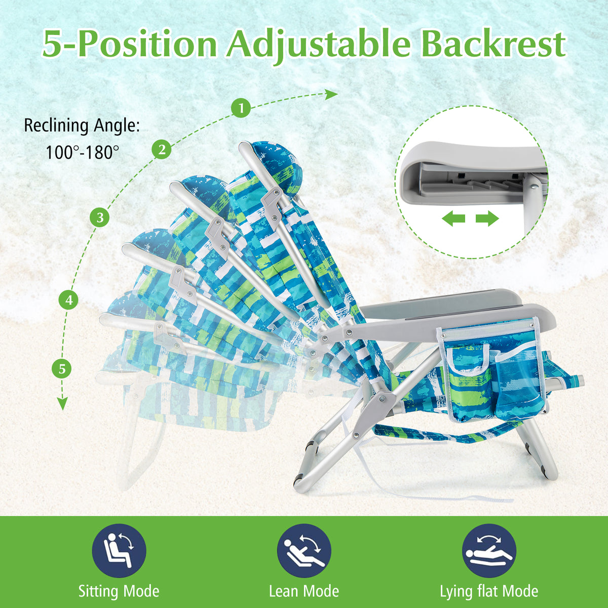 Folding Lay Flat Beach Chair with 5-Position Backrest-Blue & Green